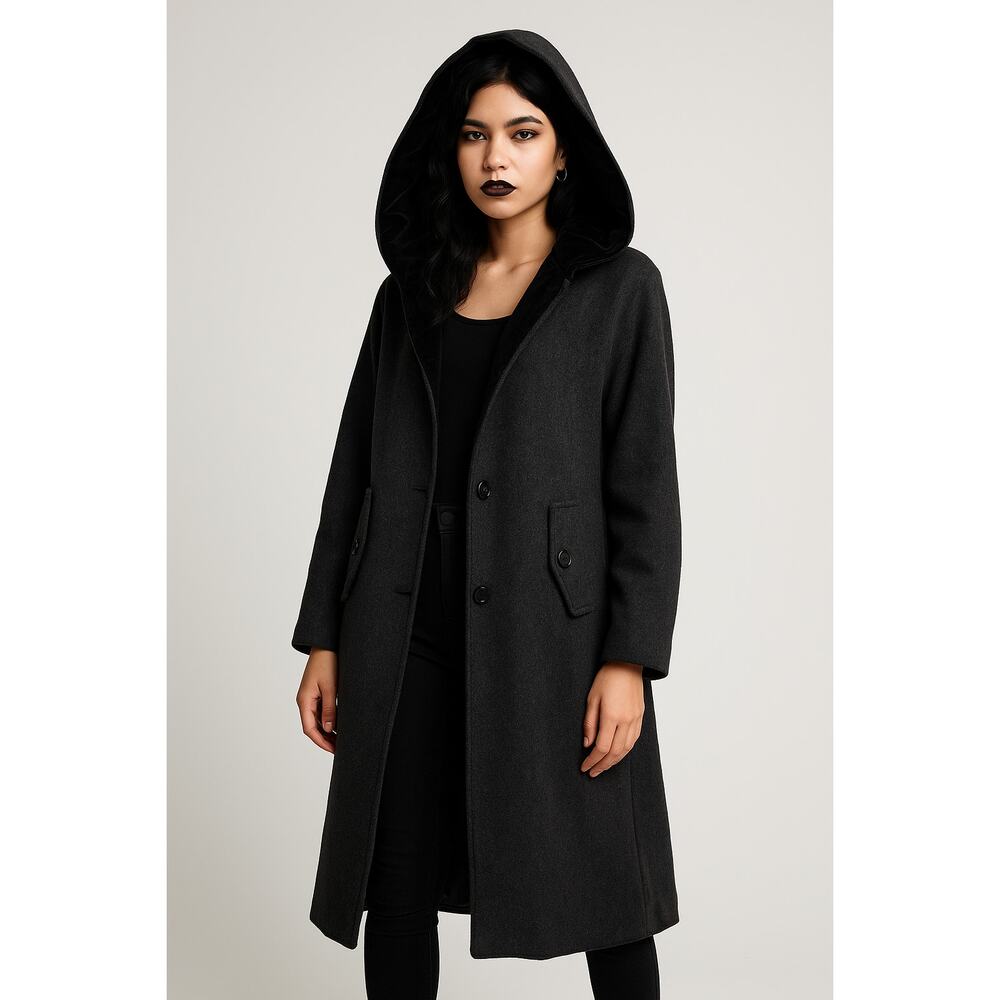 Andrea Charcoal Wool Coat Women’s 14P Hooded Velvet Trim Long Winter Jacket Vtg